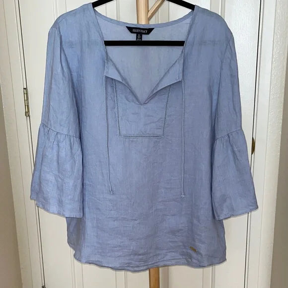 Linen Bell Sleeve Blue Blouse - Picture 1 of 8